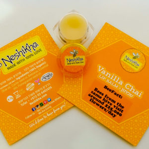 Two descriptive product cards with lip balm pot